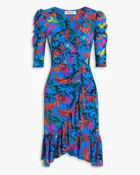 Diane von Furstenberg Eldoris bedrucktes Kleid aus Stretch-Mesh mit Rüschen Blau