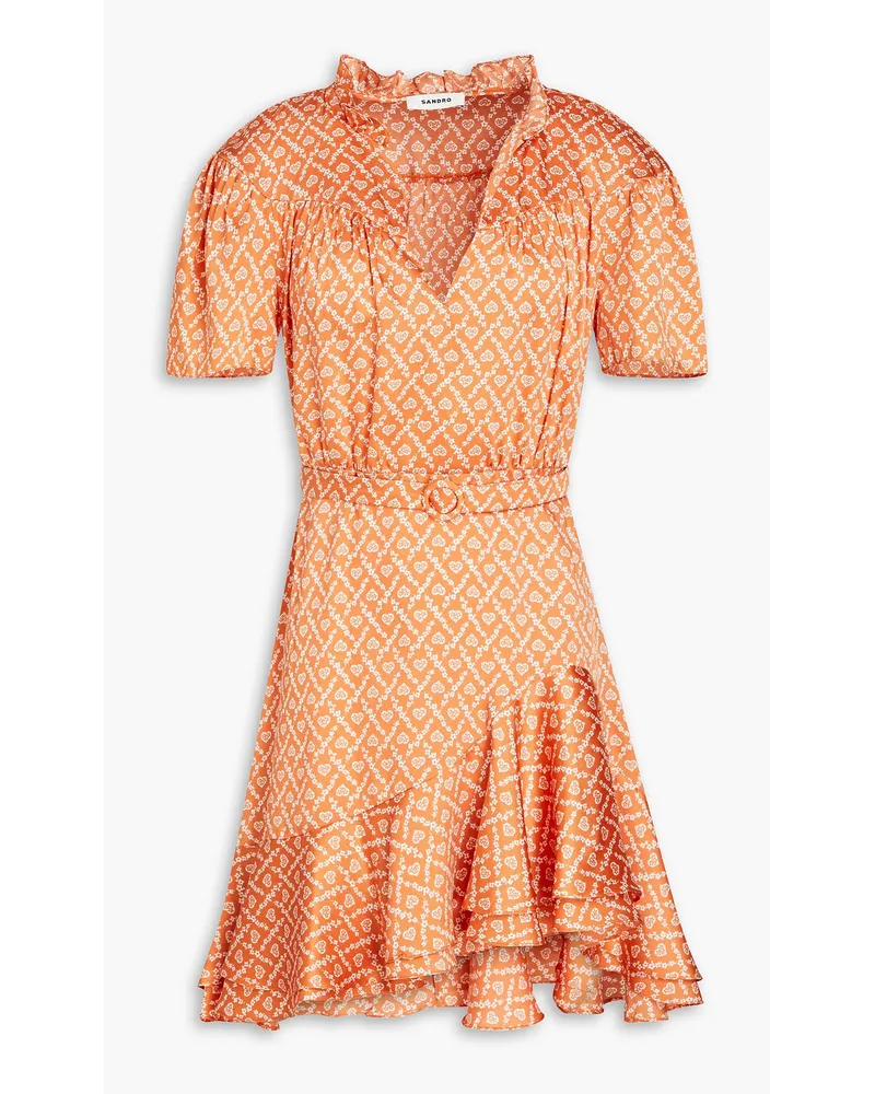 Sandro Bedrucktes Minikleid aus glänzendem Twill mit Rüschen Orange