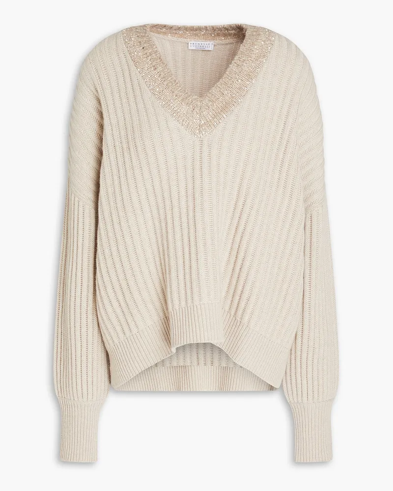 Brunello Cucinelli Pullover aus geripptem Kaschmir mit Pailletten Neutral