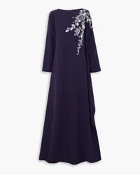 Marchesa Robe aus Stretch-Crêpe mit Zierperlen und Stickereien Blau