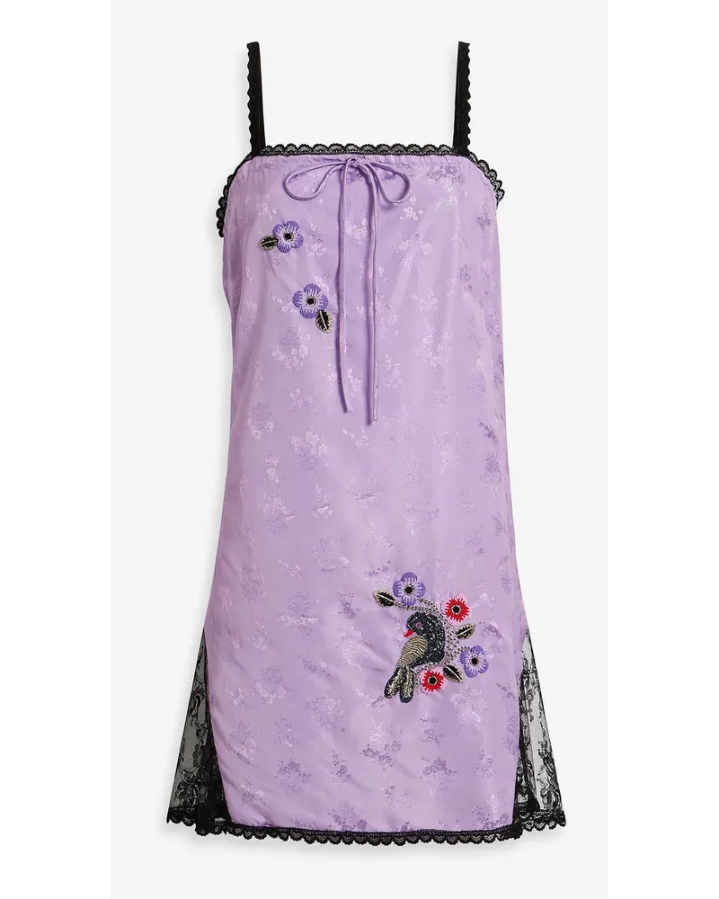 Anna Sui Verziertes Slip Dress aus Satin-Jacquard inMinilänge mit Spitzenbesatz Lila