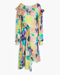 ROTATE Birger Christensen Asymmetrisches Kleid aus Satin mit floralem Print Gelb