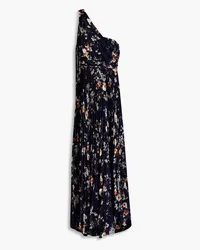 Mikael Aghal Plissierte Robe aus Chiffon mit Fil Coupé, floralem Print und asymmetrischer Schulterpartie Blau