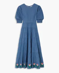 RIXO Kristen gestuftes Maxikleid aus Baumwoll-Chambray mit Stickereien Blau