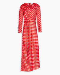 Ronny Kobo Carmen Maxikleid aus Satin mit Polka-Dots und Gürtel Rot