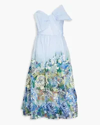 Marchesa Trägerloses Midikleid aus Organza mit floralem Print und Schleife Blau