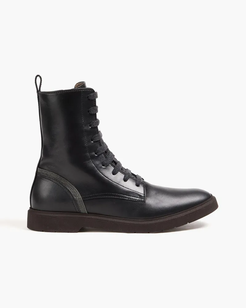 Brunello Cucinelli Ankle Boots aus Leder mit Zierperlen Schwarz