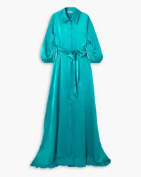 HALPERN Maxi-Hemdblusenkleid aus Seidensatin mit Bindegürtel Blau