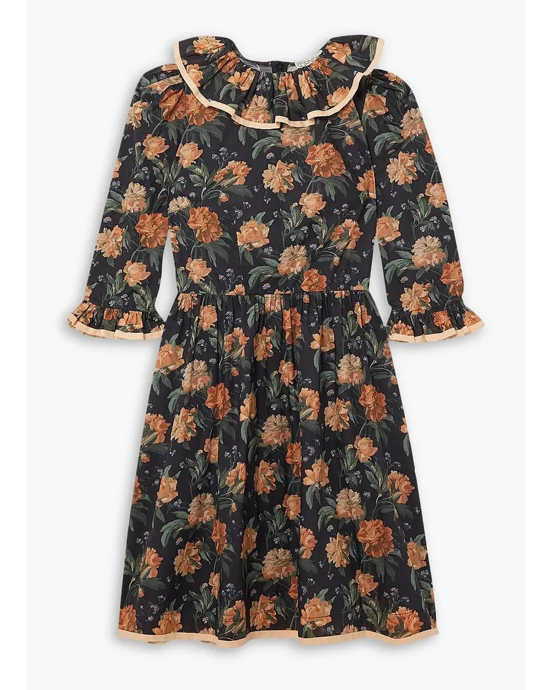 O Pioneers Polly Minikleid aus Baumwollpopeline mit floralem Print und Rüschen Schwarz