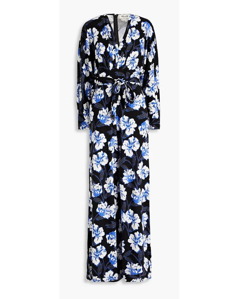 Diane von Furstenberg Fanny Jumpsuit mit weitem Bein aus Jersey aus einer Lyocell-Wollmischung mit floralem Print Blau