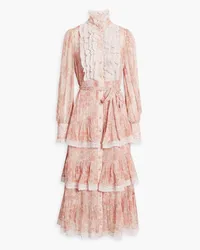 Zimmermann Midikleid aus Georgette mit Rüschen und Spitzenbesatz Pink