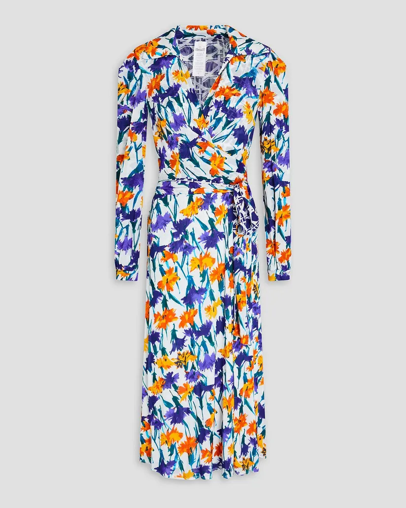 Diane von Furstenberg Phoenix Midi-Wickelkleid aus Mesh mit floralem Print Weiß