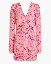 ROTATE Birger Christensen Gerafftes Minikleid aus Jacquard mit floralem Print Pink