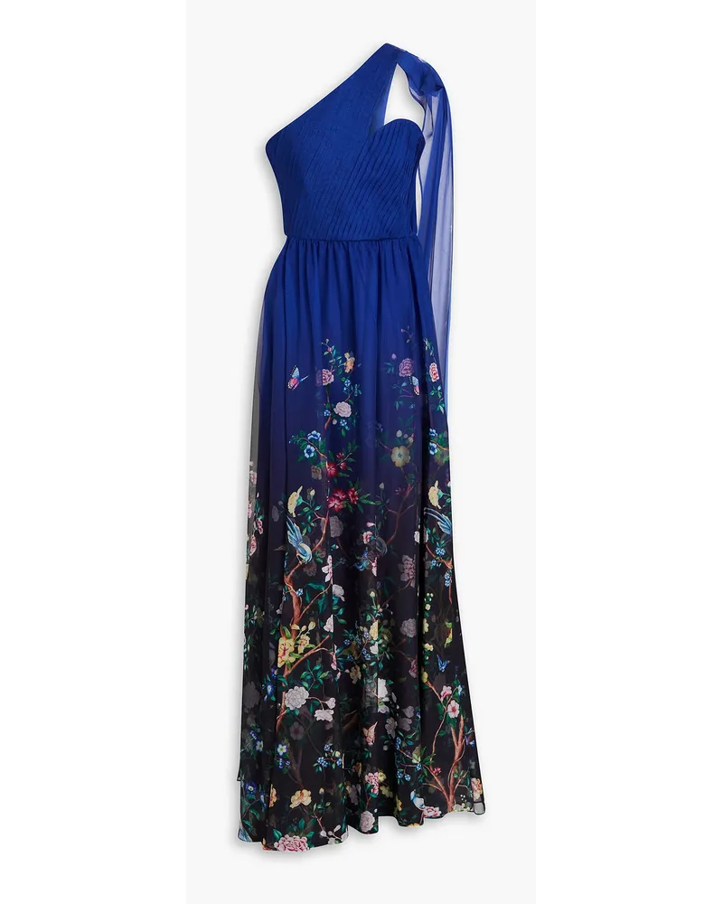 Marchesa Robe aus Chiffon mit floralem Print und asymmetrischer Schulterpartie Blau