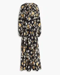 Mikael Aghal Gerafftes Maxikleid aus Chiffon mit floralem Print Schwarz