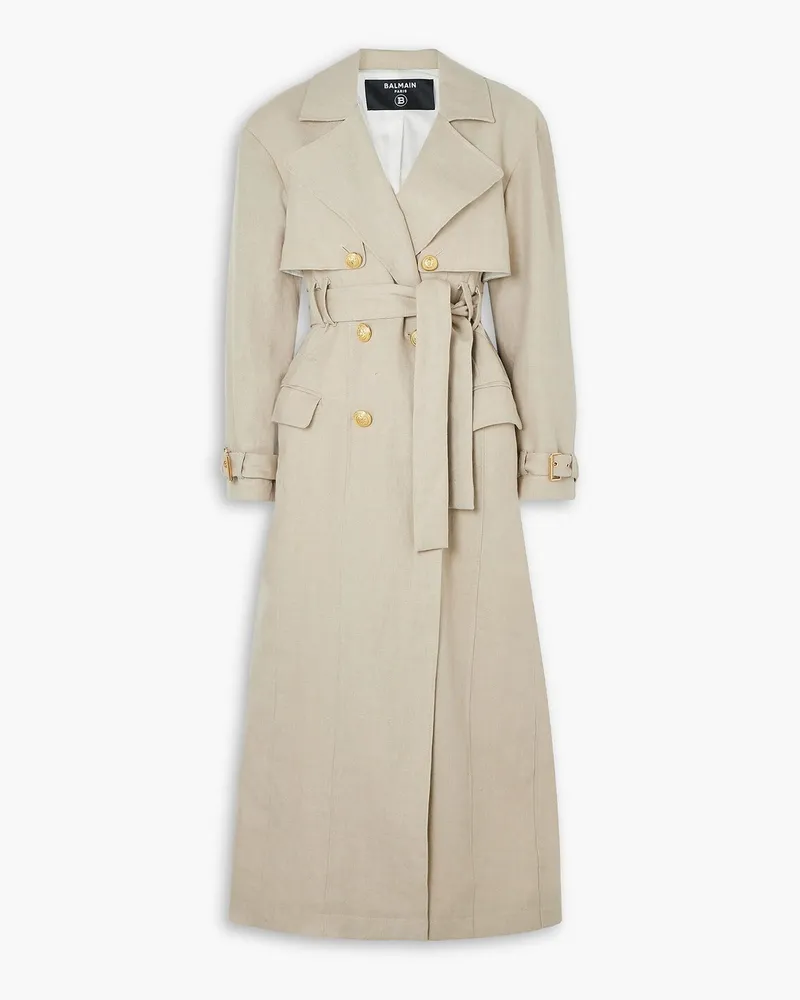 Balmain Doppelreihiger Trenchcoat aus Leinen mit Bindegürtel Neutral