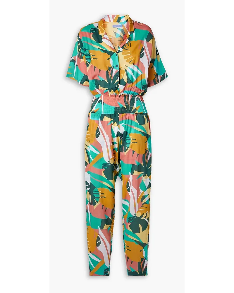 Paradised Scottie Jumpsuit aus bedrucktem Voile mit Raffungen Gelb