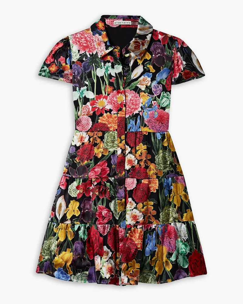 Alice + Olivia Alice OliviaMeeko Minikleid aus Satin und Crêpe de Chine mit Blumenprint und Teilungsnähten Schwarz