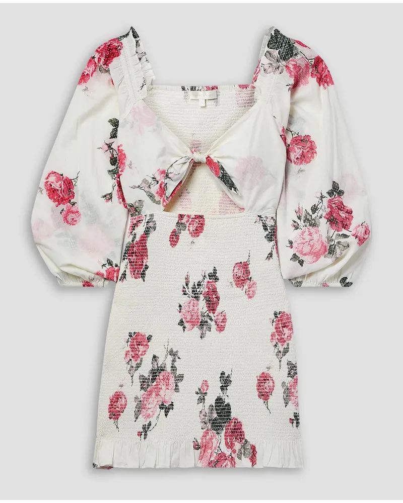 LoveShackFancy Kyndra Minikleid aus Baumwolle mit Blumenprint, Twist-Detail, Cut-out und Raffungen Weiß