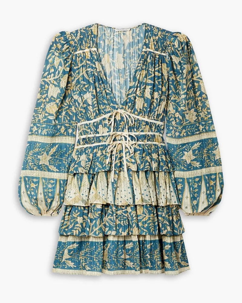 Ulla Johnson Nina gestuftes Minikleid aus Voile aus einer Baumwollmischung mit Print Blau