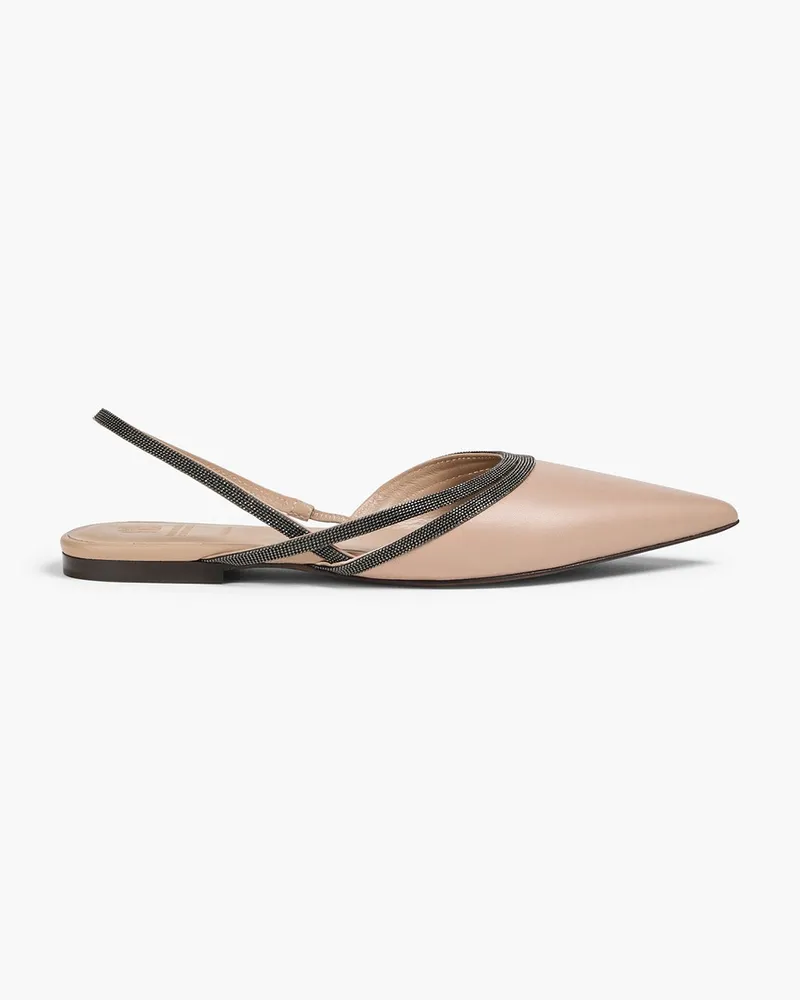 Brunello Cucinelli Flache Slingback-Schuhe mit spitzer Kappe aus Leder mit Zierperlen Neutral