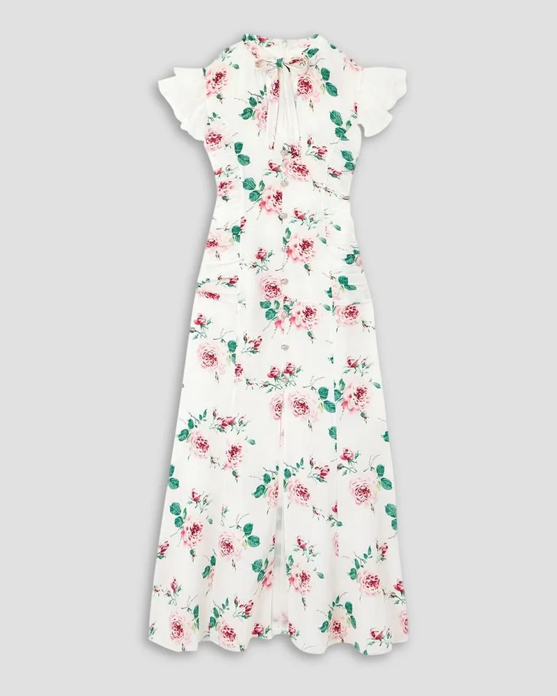 Alessandra Rich Midikleid aus Seide mit floralem Print und Organza-Besatz Weiß