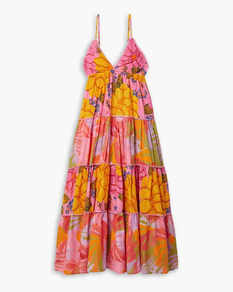 FARM Rio Maxikleid aus Baumwoll-Voile mit Blumenprint und Häkelbesätzen Pink