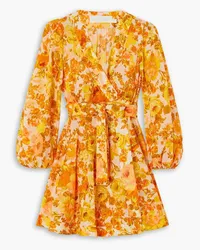 Zimmermann Raie Mini-Wickelkleid aus Baumwollpopeline mit Blumenprint und Bindegürtel Orange