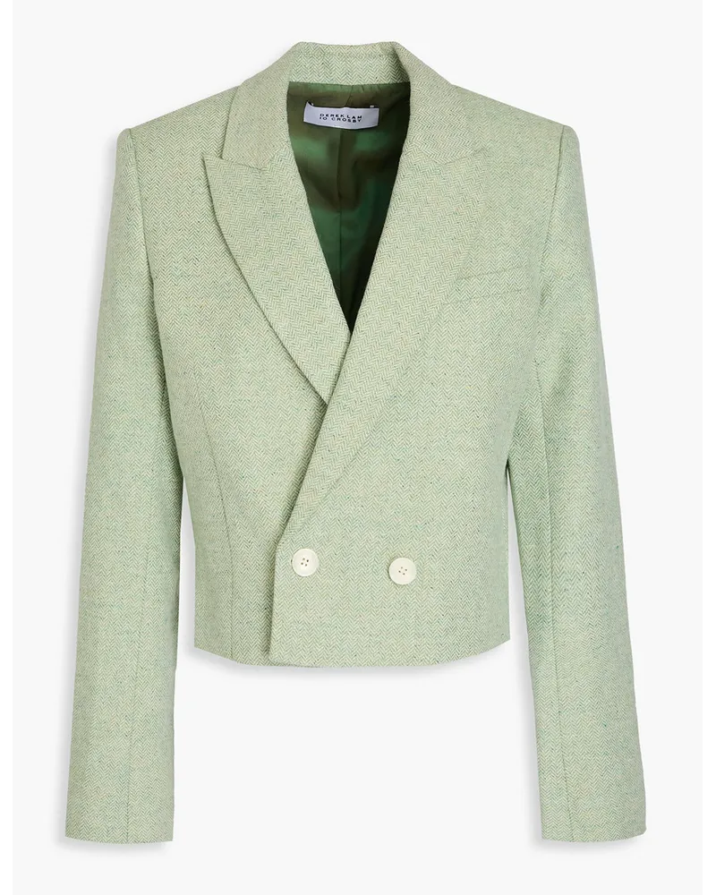 Derek Lam Doppelreihiger Cropped Blazer aus Tweed mit Fischgratmuster Grün