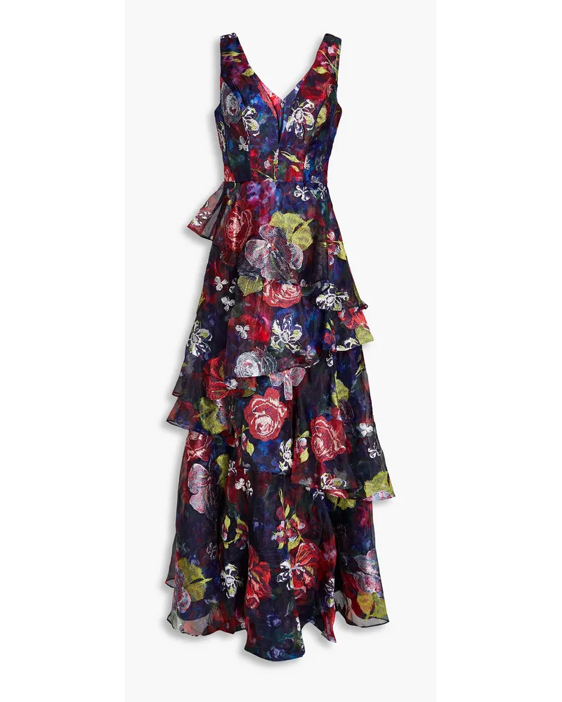 Marchesa Gestufte Robe aus Organza mit floralem Print und Stickereien Blau