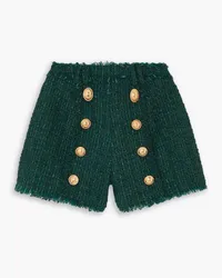 Balmain Shorts aus Bouclé mit Fransen und Zierknöpfen Grün