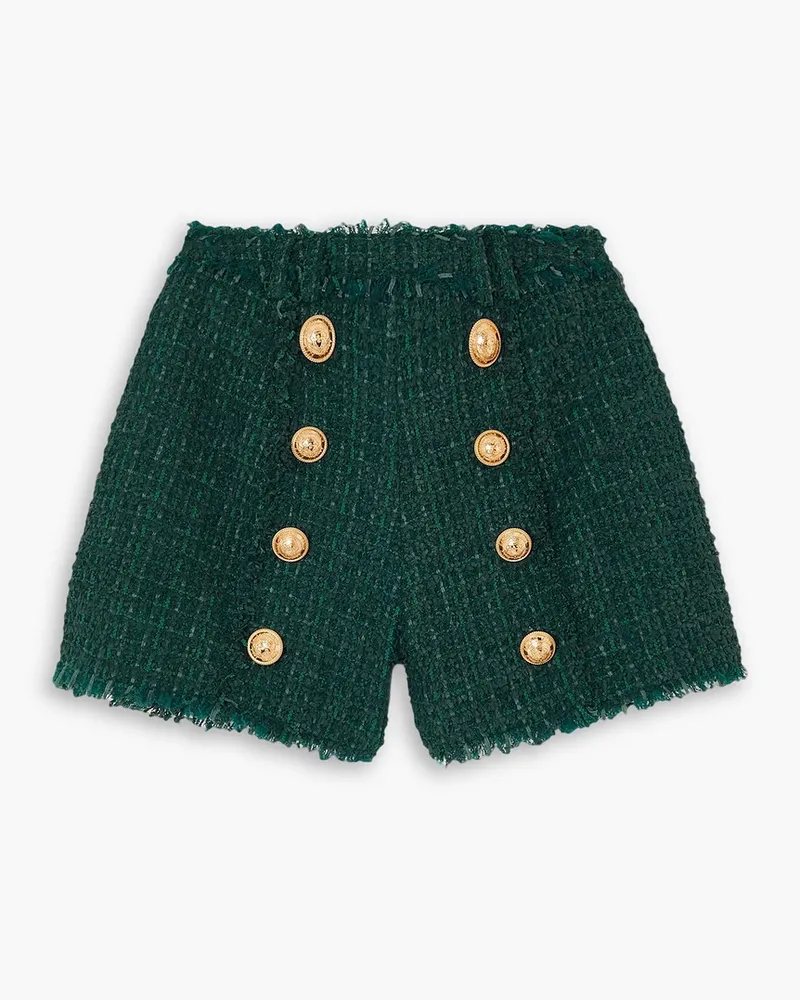 Balmain Shorts aus Bouclé mit Fransen und Zierknöpfen Grün