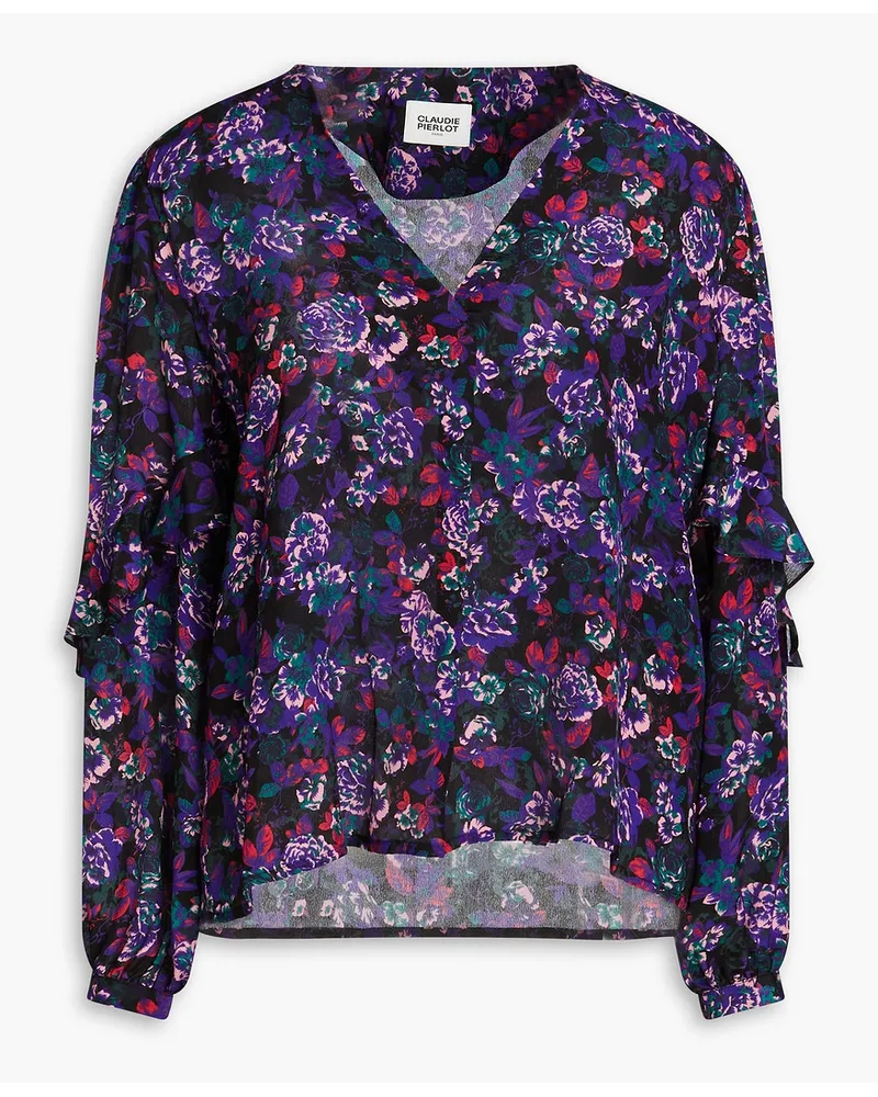 Claudie Pierlot Bluse aus Crêpe de Chine aus Seide mit floralem Print und Wickeleffekt Schwarz