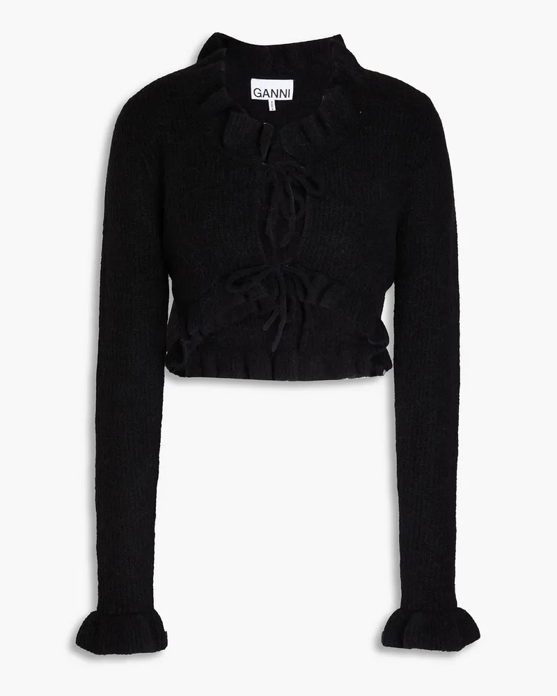 Ganni Cropped Cardigan aus Rippstrick mit Rüschen Schwarz