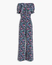 Saloni Juli schulterfreier Jumpsuit mit weitem Bein aus Crêpe de Chine aus Seide mit Print Blau