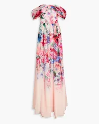 Marchesa Schulterfreie Robe aus Chiffon mit floralem Print und Drapierung Pink