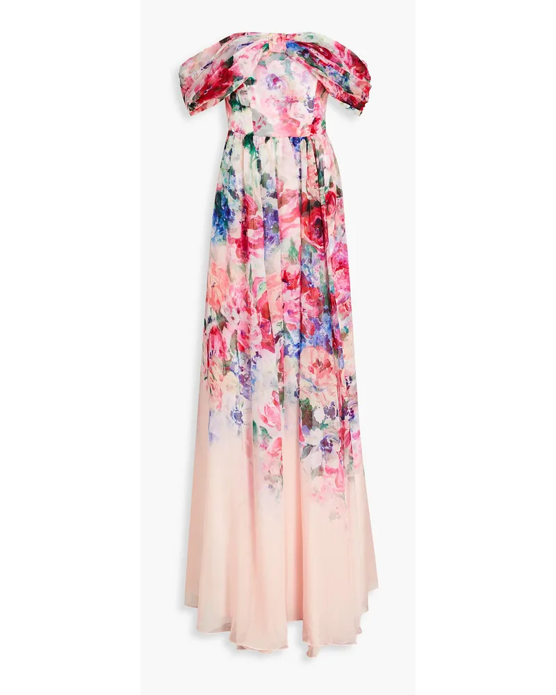 Marchesa Schulterfreie Robe aus Chiffon mit floralem Print und Drapierung Pink