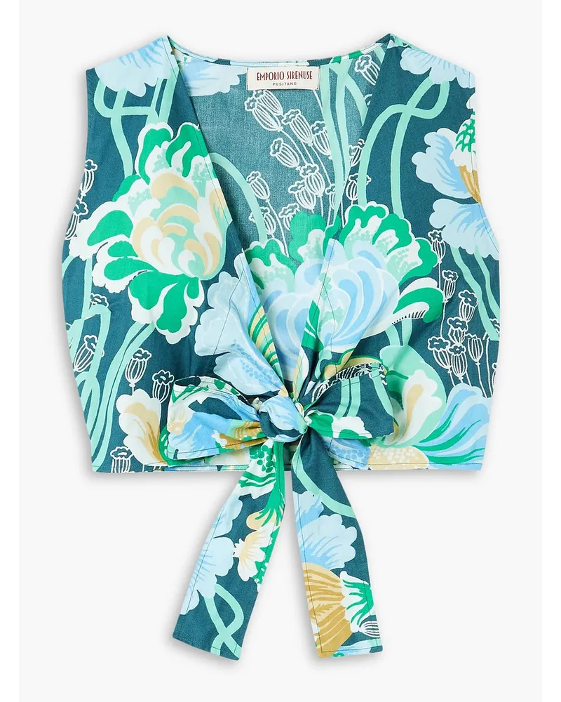 Emporio Sirenuse Sonia verkürztes Oberteil aus Baumwollpopeline mit Blumenprint Blau