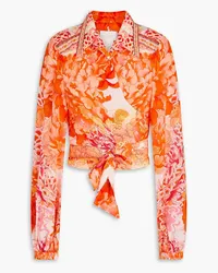 Camilla Cropped Wickelhemd aus Crêpe de Chine aus Seide mit floralem Print und Kristallverzierung Orange