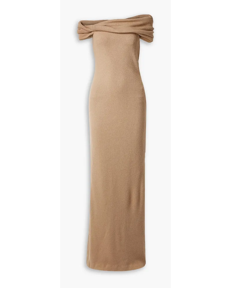 Brandon Maxwell Schulterfreies Maxikleid aus Rippstrick mit Cut-out Braun