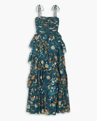 Ulla Johnson Aveline Robe aus Crêpe de Chine aus Seide inMetallic-Optik mit Rüschen und Blumenprint Blau