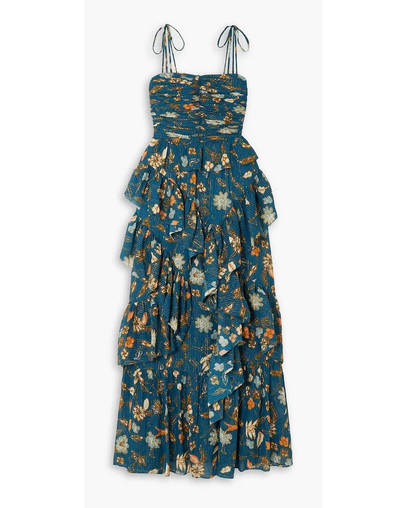 Ulla Johnson Aveline Robe aus Crêpe de Chine aus Seide inMetallic-Optik mit Rüschen und Blumenprint Blau