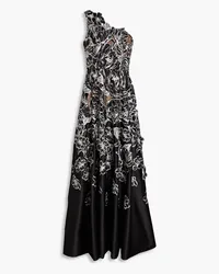 Marchesa Robe aus Duchesse-Satin mit Stickereien und asymmetrischer Schulterpartie Schwarz