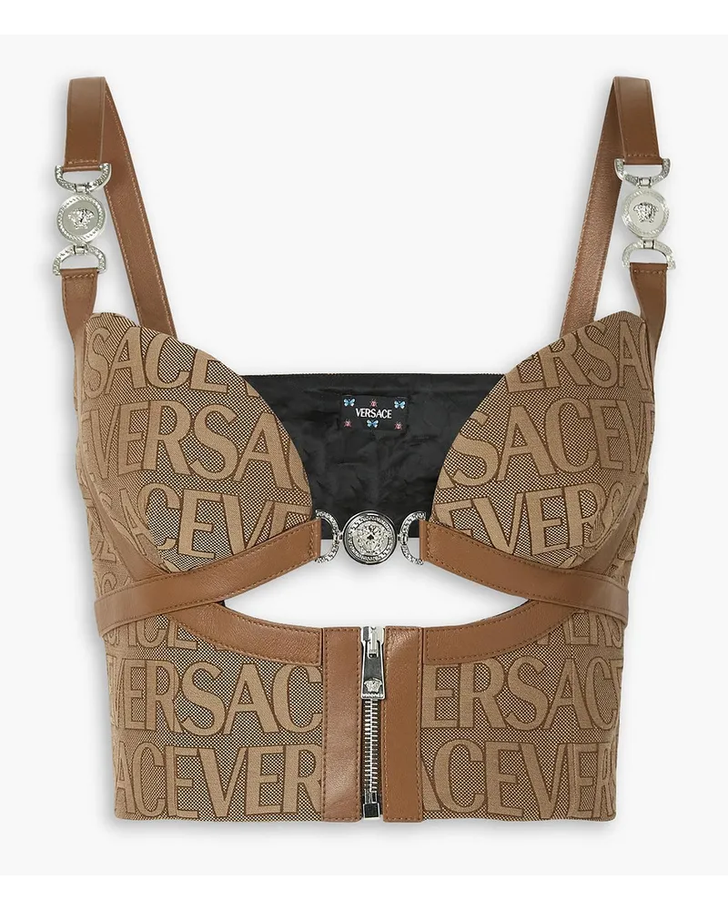 Versace Bustier aus Canvas-Jacquard mit Lederbesätzen und Cut-out Braun