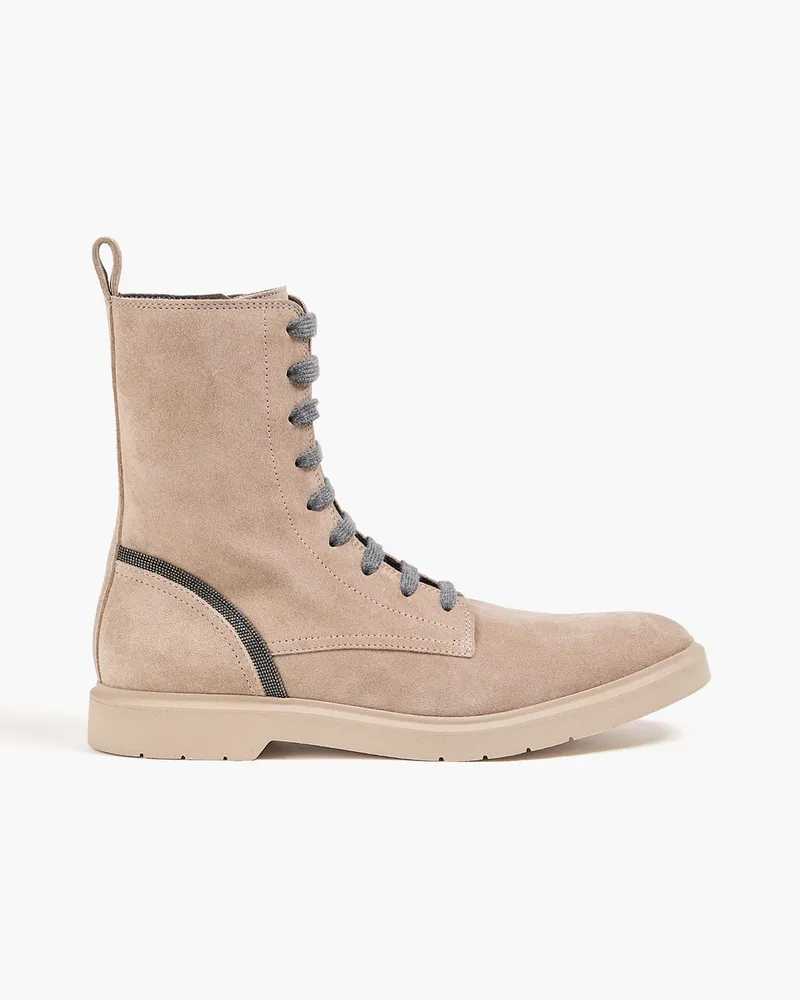 Brunello Cucinelli Ankle Boots aus Veloursleder mit Zierperlen Neutral