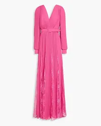 Badgley Mischka Plissierte Robe aus Georgette mit Spitzenbesatz Pink