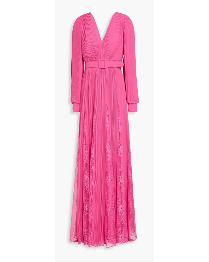 Badgley Mischka Plissierte Robe aus Georgette mit Spitzenbesatz Pink