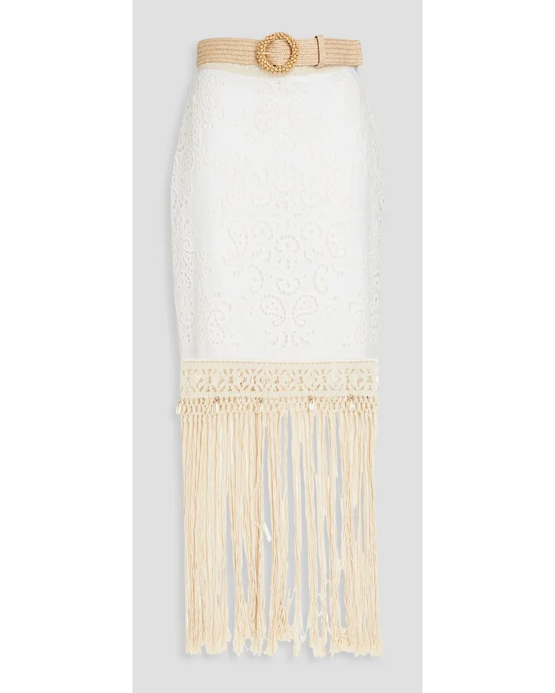 Zimmermann Maxirock aus Baumwolle mit Lochstickerei, Fransen und Gürtel Weiß