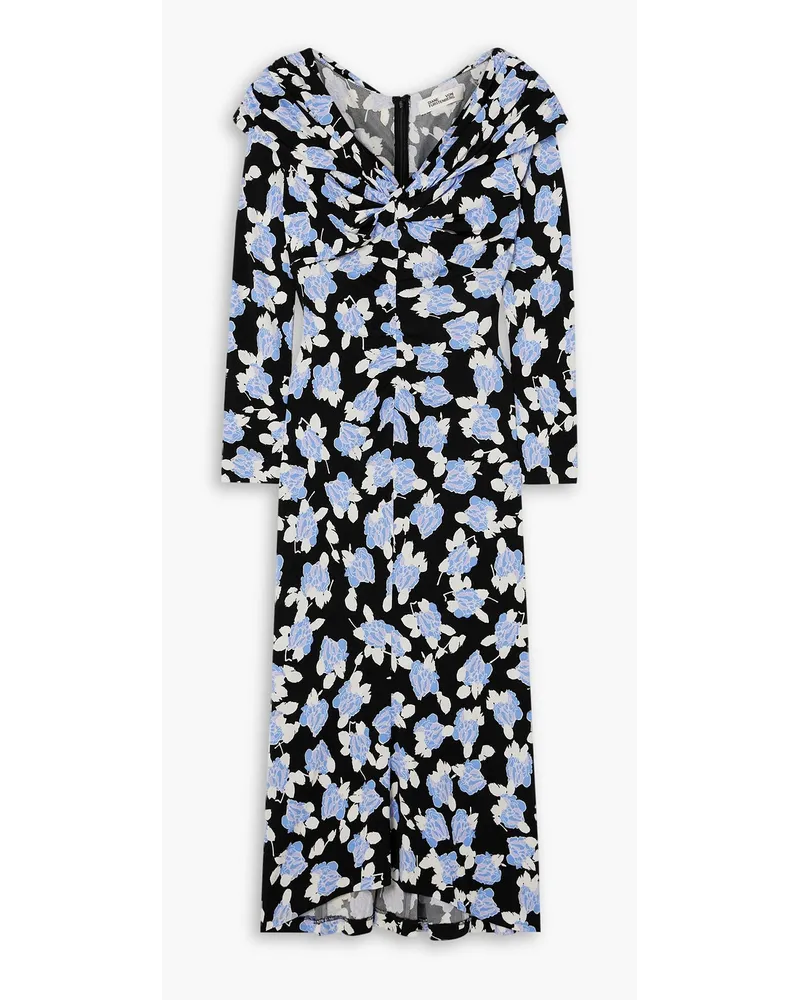 Diane von Furstenberg Sylviana Midikleid aus Stretch-Jersey mit Raffungen und floralem Print Blau