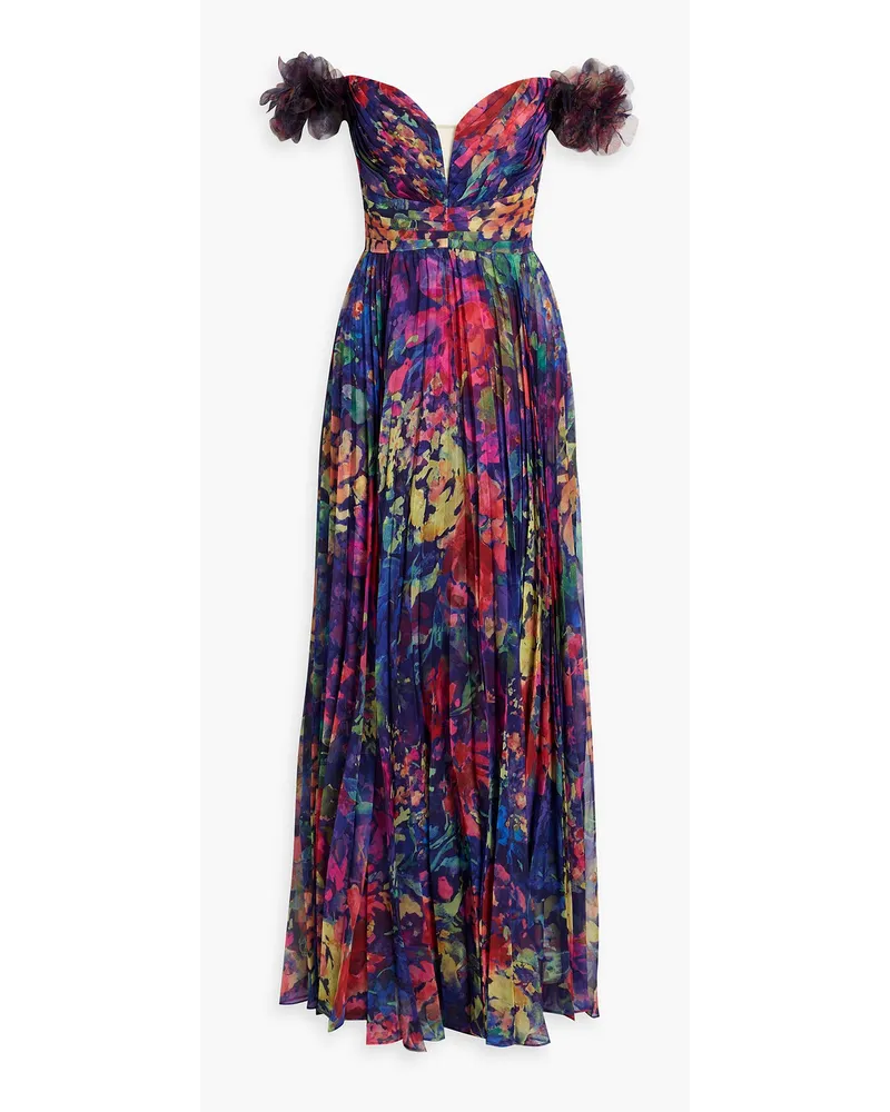 Marchesa Schulterfreie Robe aus Chiffon mit floralem Print und Falten Blau